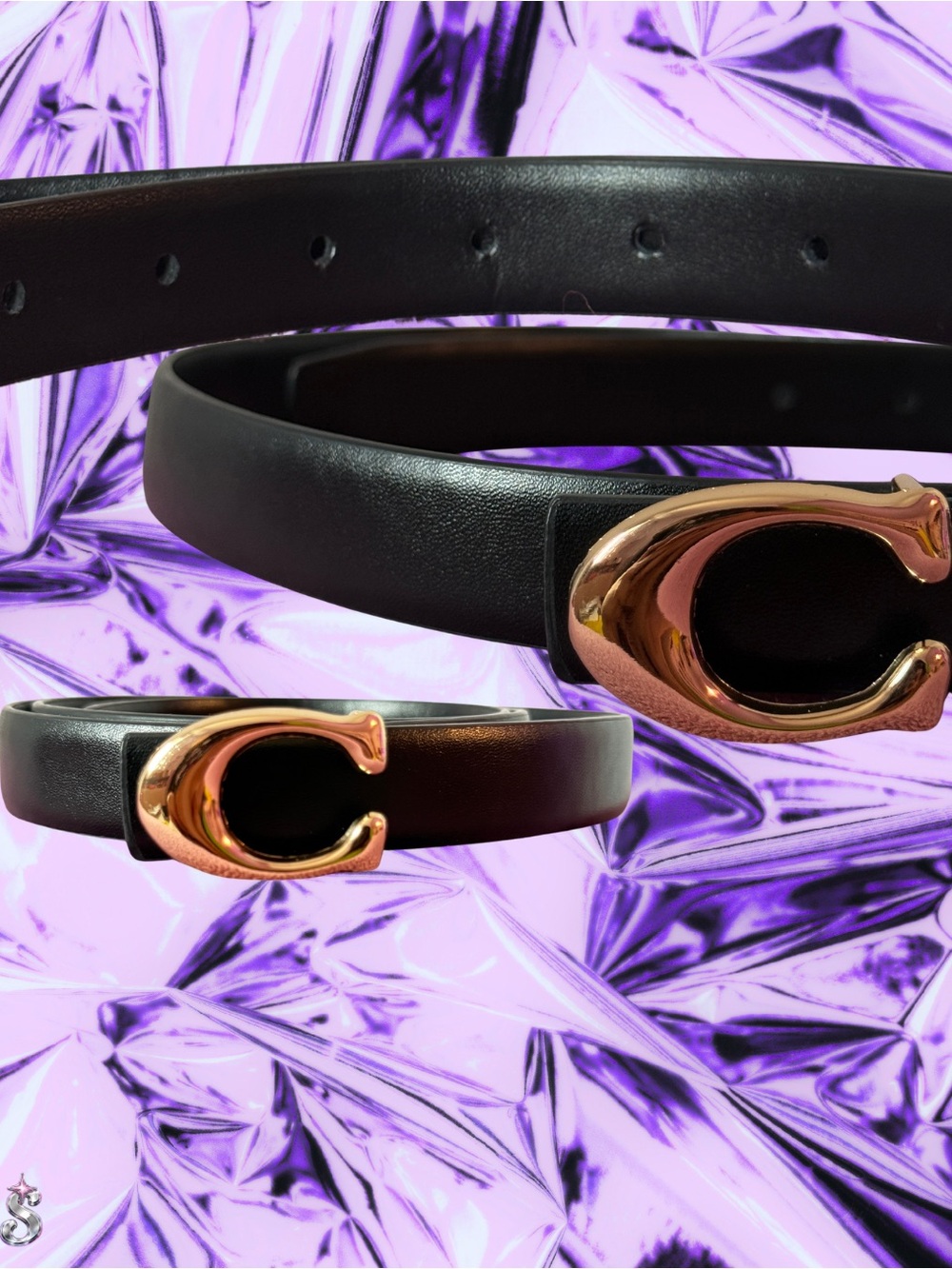 Leather Women's Belt with Rose Gold 'C' Buckle - Black